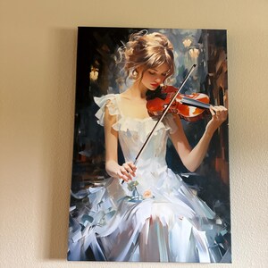 White Dress Woman Playing Violin Canvas Painting - Elegant Musical
