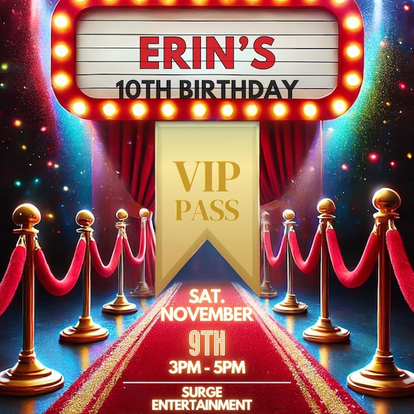 Red Carpet Invitation, Star VIP Pass Birthday Party, Glamorous ...