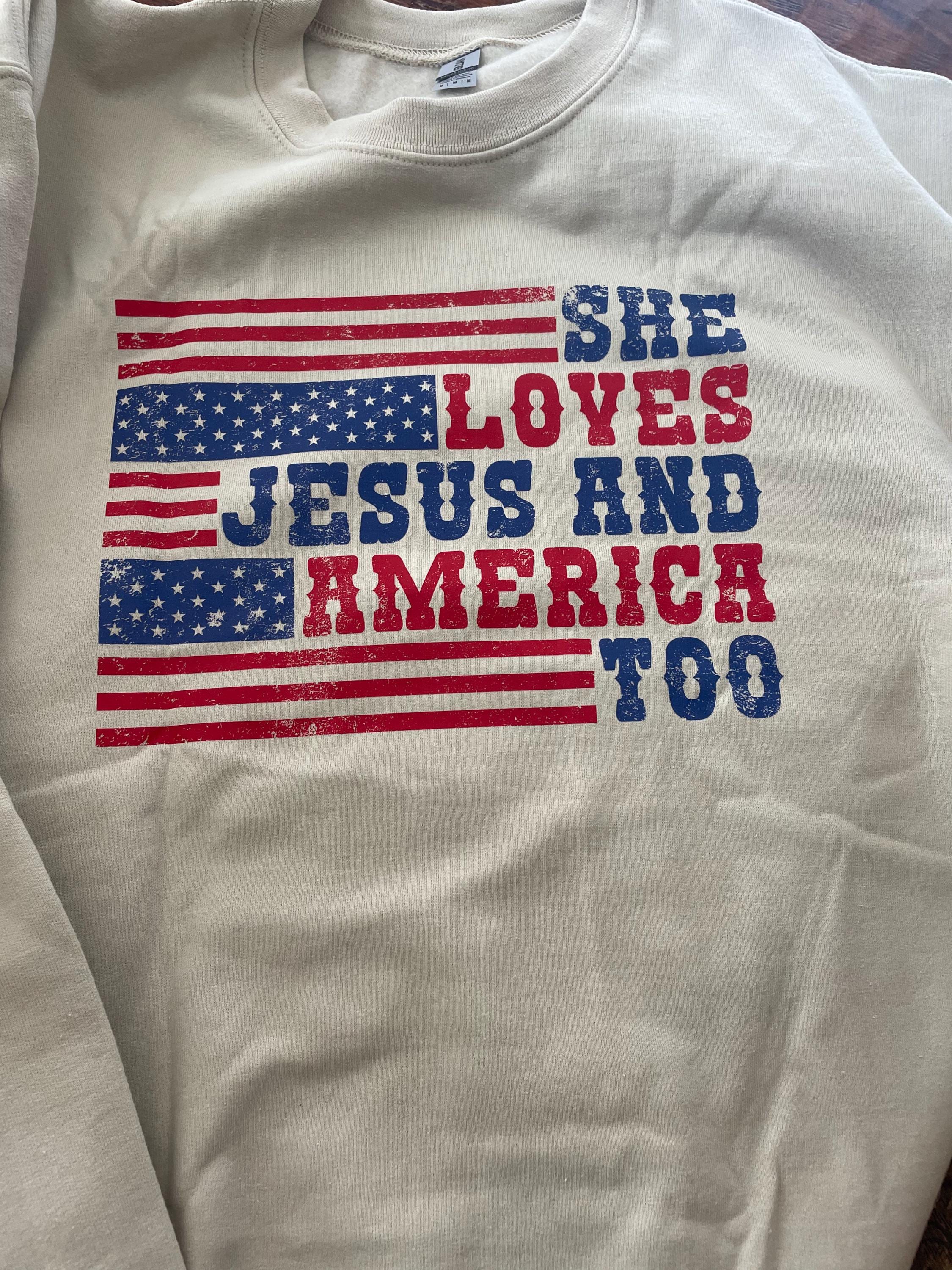 Retro USA Sweatshirt, She Loves Jesus And America Too, Womens USA Crewneck Sweatshirt, USA Shirt, America Sweatshirt, 4th of July Sweatshirt