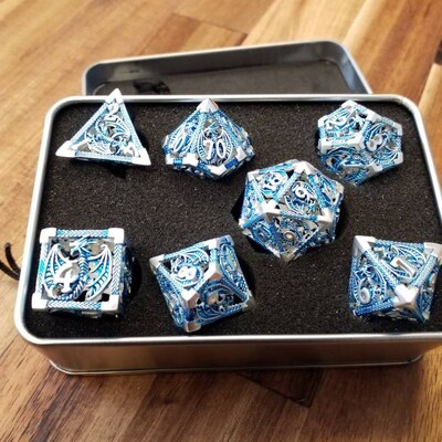 Nrhuzer Hollow Silver Metal Polyhedral Dice Set – 7-Piece For Dungeons & Dragons, RPGs