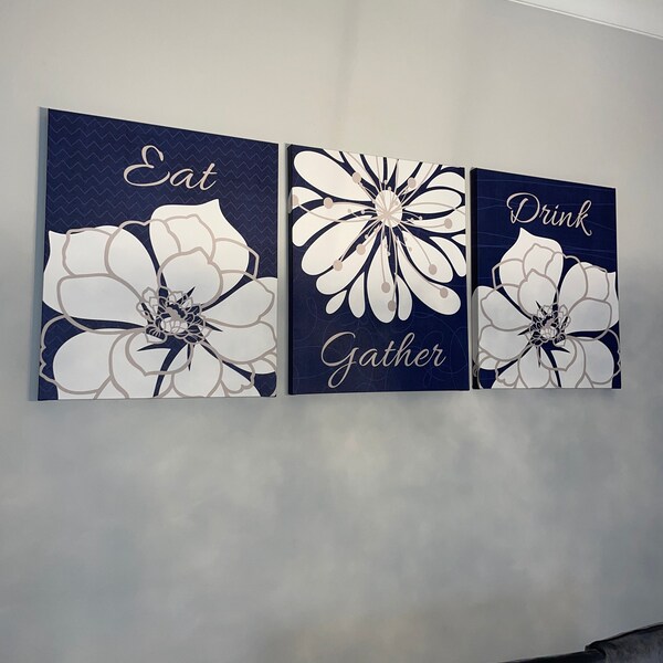 Navy Kitchen Wall Decor, Eat Gather Drink, Dining Room Wall Decor