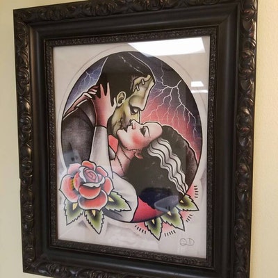Frankenstein and Bride Kiss Tattoo Flash Art Print - Etsy