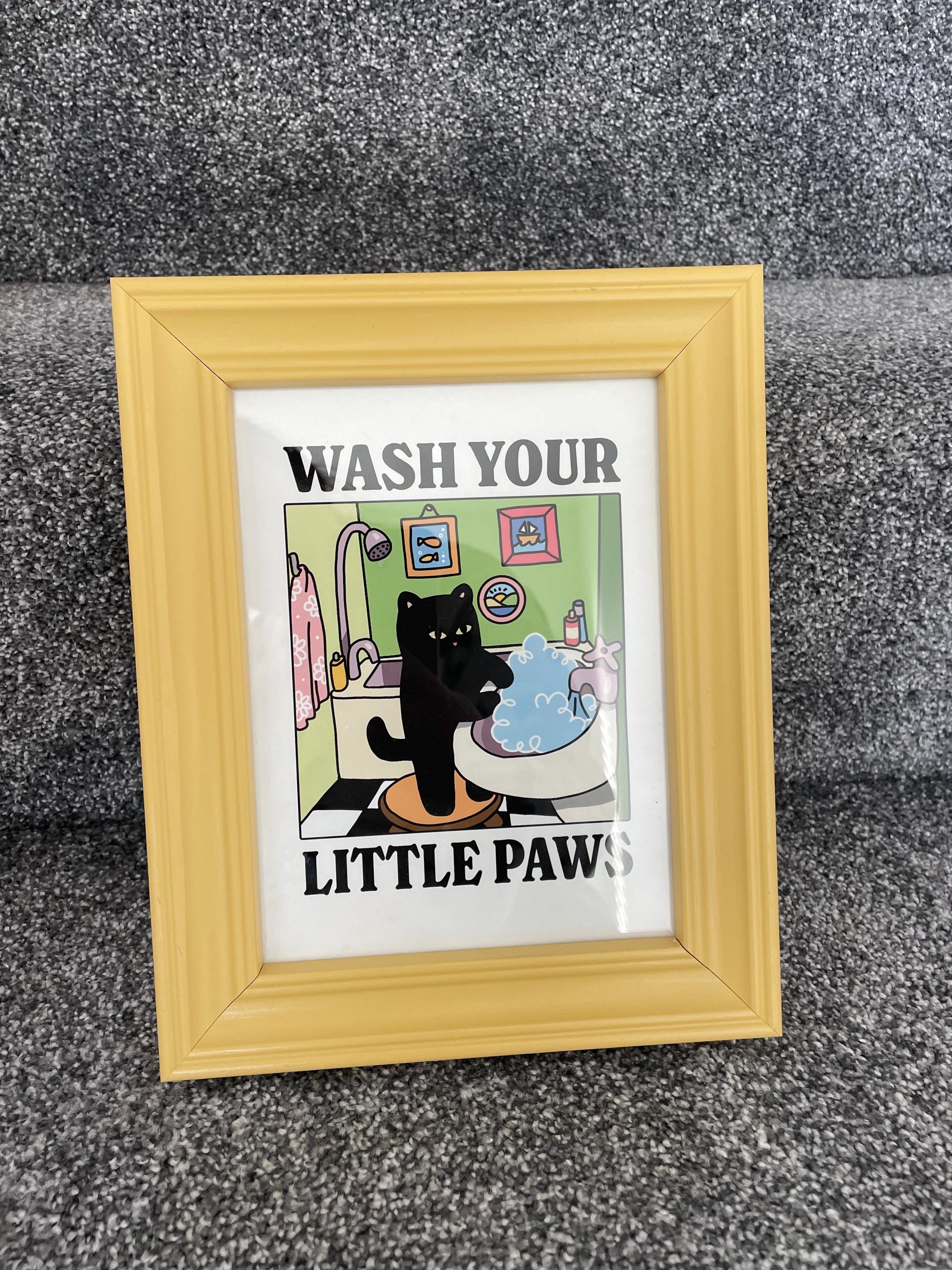 Wash your Paws Green Cat Print, Cute Bathroom Poster, Wash Room Childrens Washing up Posters, Kawaii Prints Decor, Unique Cats Art, UNFRAMED