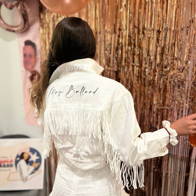 Cropped White Denim with Silver Fringe Custom Bridal Jacket – Something  Blue Denim Co.