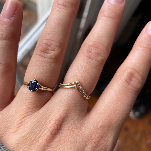 Set of 2: Curved Stacking Ring Set • Diamond Chevron Ring, Thin Gold ...