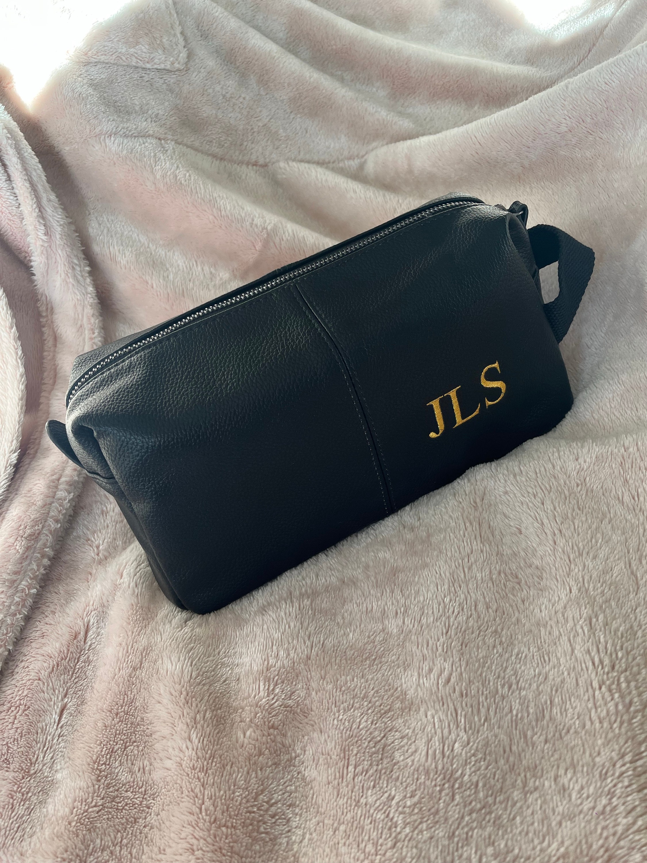 Personalised Embroidered Mens Leather Wash Bag with Strap Black or Brown - Mens Vegan Leather Toilet Bag Embroidered with Initials