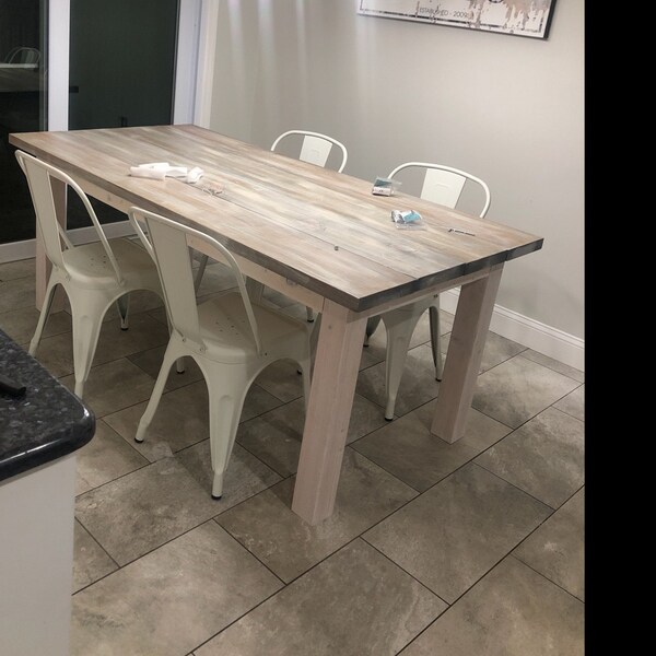 White Wash Farmhouse Table With Metal Chairs Rustic Wooden Gray White Wash Top and Creamy White ...