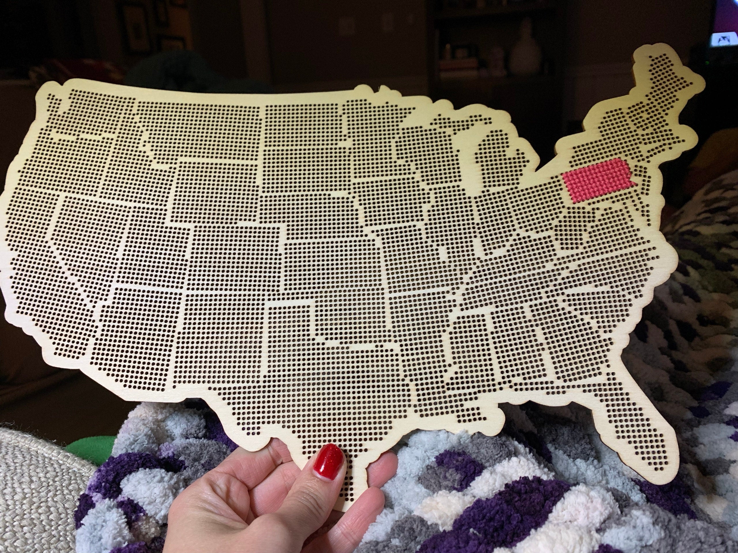 Stitchable Wooden US State Map | Cross Stitch & Embroidery United States Perforated Wood Map | Plywood Needlepoint Wedding or Moving Gift