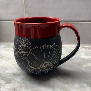Handmade Carved Ceramic Mug Mountains Wheel Thrown Stoneware Sgraffito