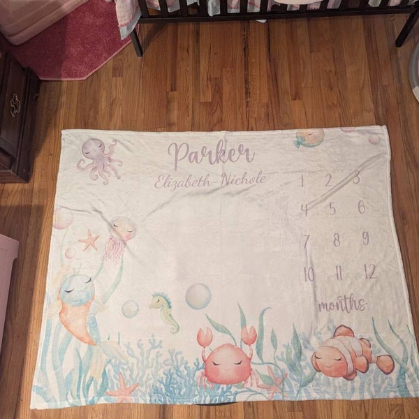 Ocean Milestone Blanket, Custom Baby Girl Under the Sea Baby Name ...