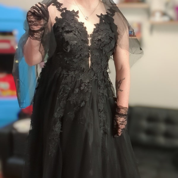 3D Floral Black Bridal Dress, Black Bridal Evening Dress, Tulle Prom ...