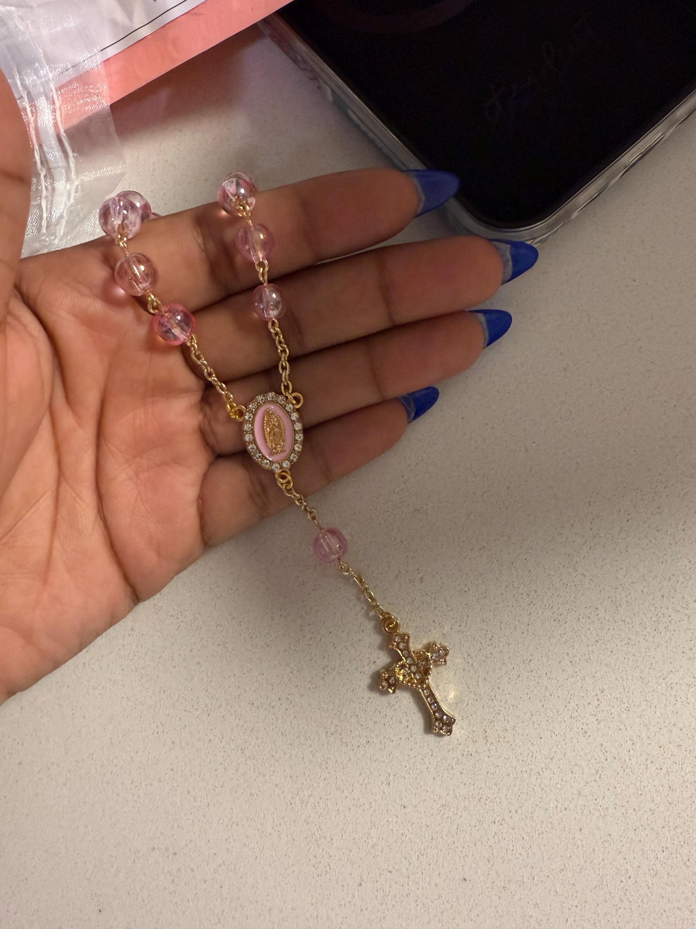 Gold Custom Car Rosary | Personalized Bead & Pendant Colors | Handmade Vehicle Rosary for Rear view Mirror