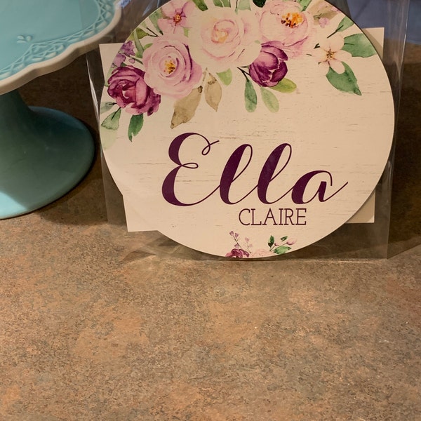 Purple Floral Baby Girl Round Wood Baby Name Sign Wooden Personalized ...