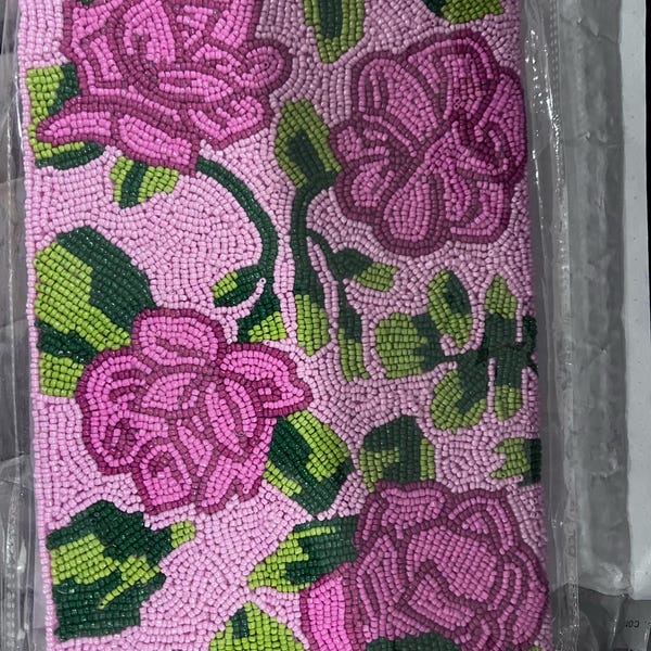 Hand beaded pink bows and green trellis clutch main image 0