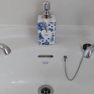 Lovely Blue Toile Decoupaged Ceramic Soap Dispenser.Hand Decorated.