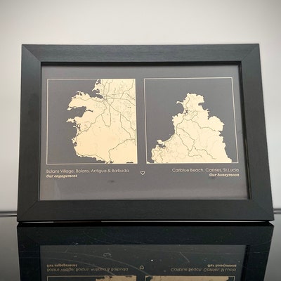 A4 Any Two Locations Metallic Map Print, Custom Multi Location Foil Map Personalised Print in ...