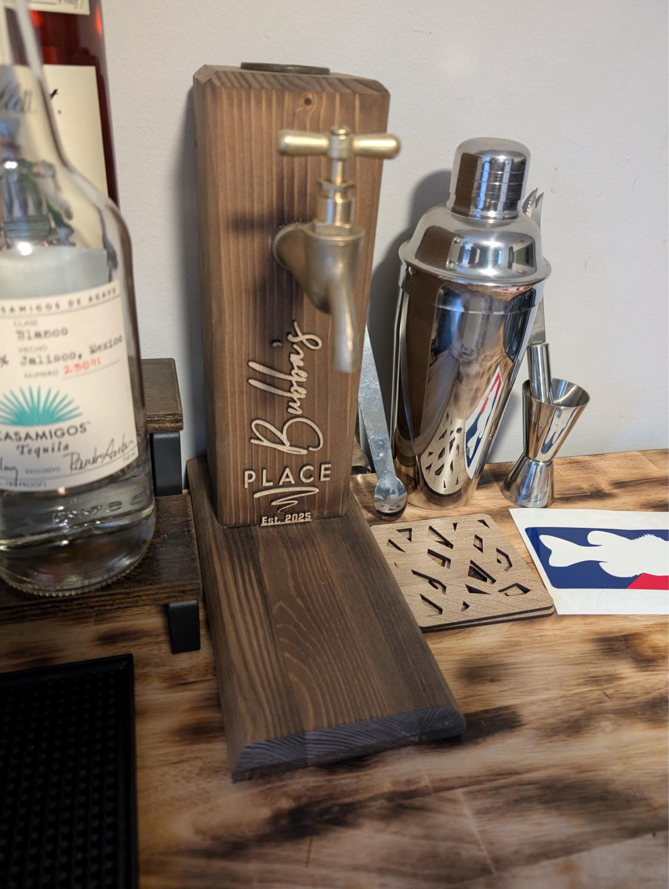 Personalized Embossed Named Wooden Whiskey Dispenser and Wood Coasters Set, Bar, Pub, Wine, Vodka, Liquor Dispenser, Wood Whiskey Fountain
