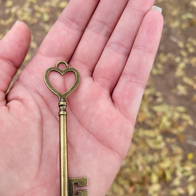 Big Key Pendant Heart Key Antiqued Bronze Heart Top Key Skeleton