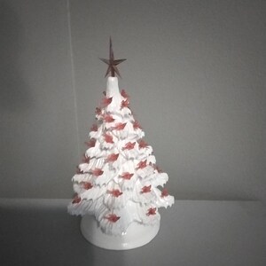 Ceramic Christmas Tree White Small Red Birds Gold Shimmer and Icy