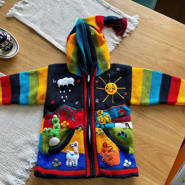 ペルーの子供用ウールセーターカーディガン刺繍ディテール、子供用 