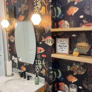 Vintage Absurd Exotic Fish Wallpaper, Dark Wall murals, Bathroom traditional Wallpaper, Nursery Wall Decor, Canvas, Vinyl Wallpaper