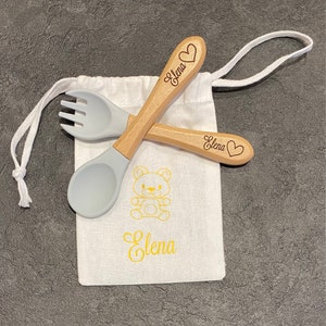 Couverts Cuillere Fourchette Bebe En Silicone Et Bois Etsy