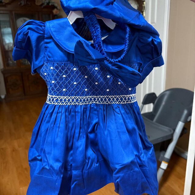 Navy Blue Solid Fabric Hand Smocked Baby Girl Dress | Toddler