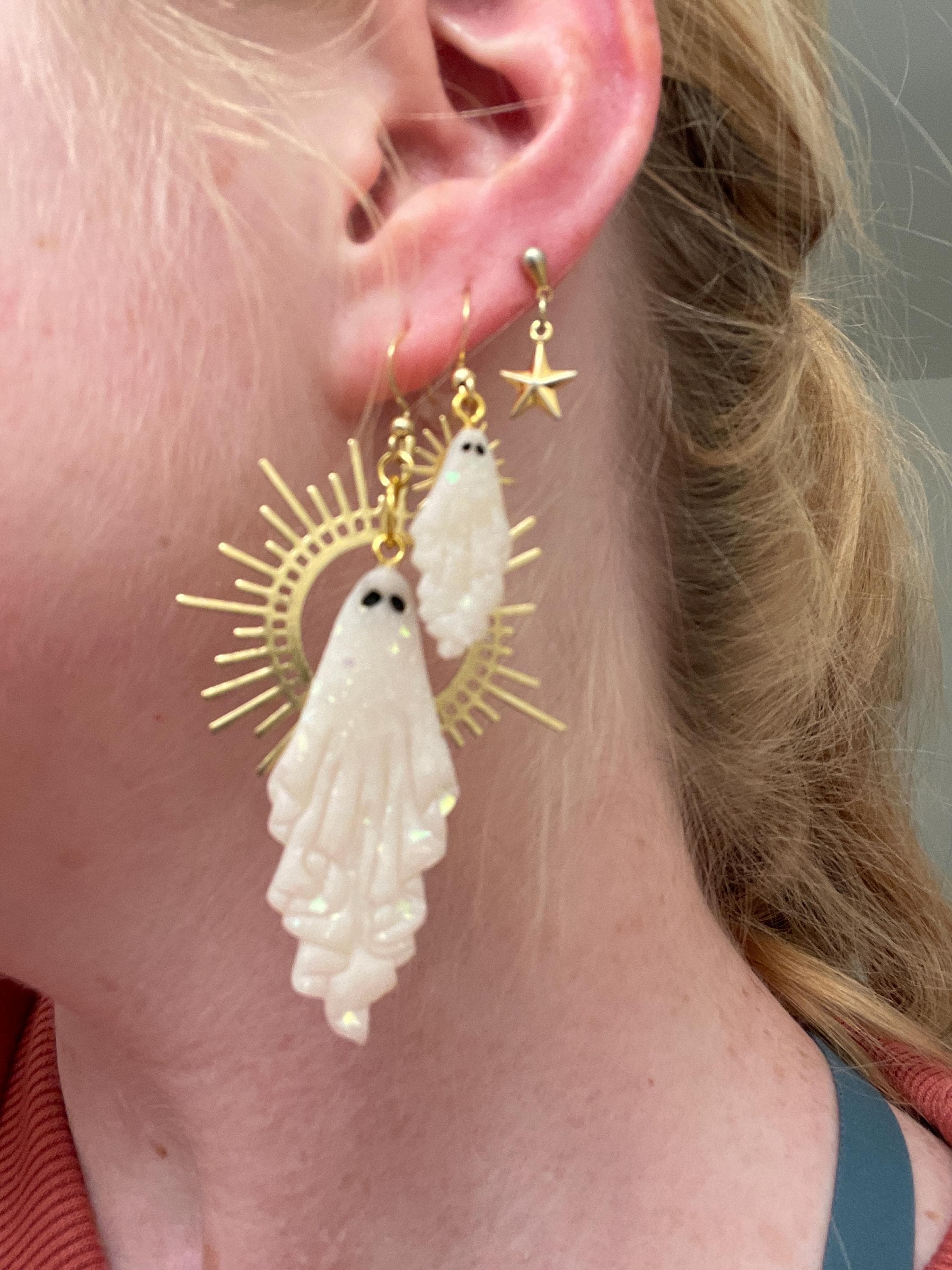 THE ORIGINAL Gold and opalescent ghost earrings | halloween | polymer clay | witchy | hypoallergenic