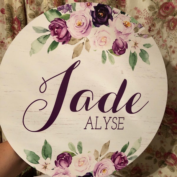 Purple Floral Baby Girl Round Wood Baby Name Sign Wooden Personalized ...