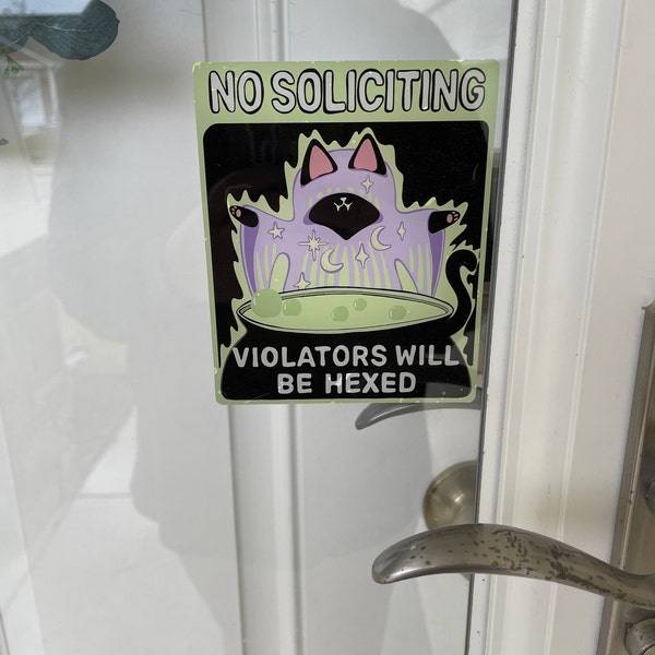 No Soliciting Witchy Cat Sign Window Cling Black Cat (violators Will Be ...