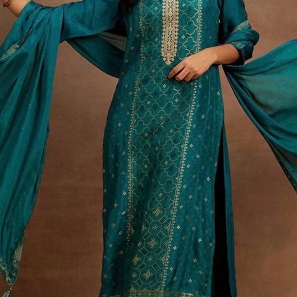 Tranquil Teal Silk Festive Gown Kurta with gotta detail dupatta