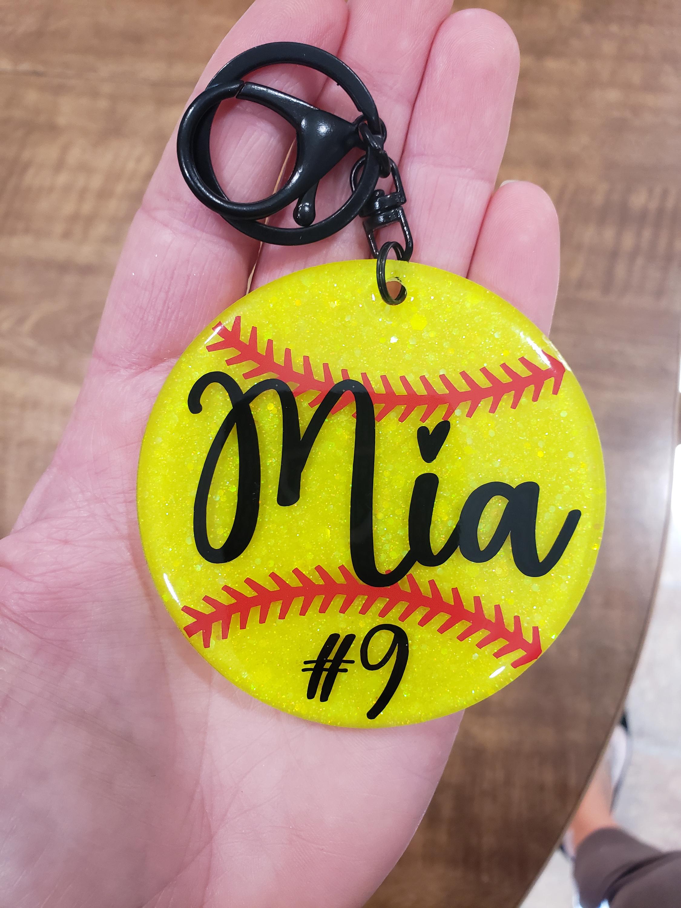 Custom, Glitter Softball Keychain/Bag Tag