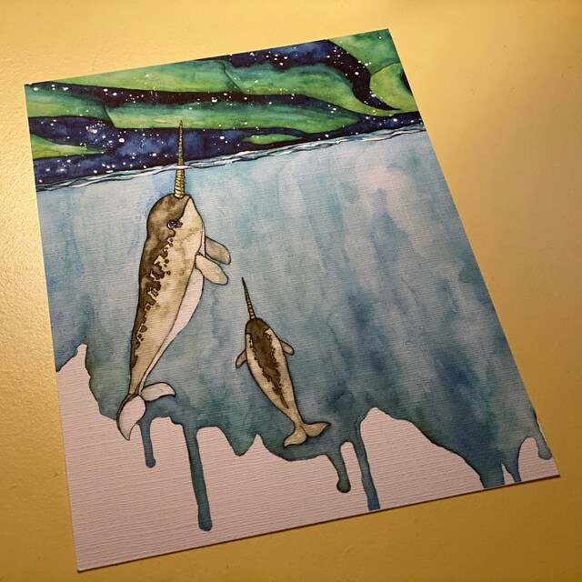 水彩画、イッカクの絵画、イッカク、イッカクのアート、クジラの育児室