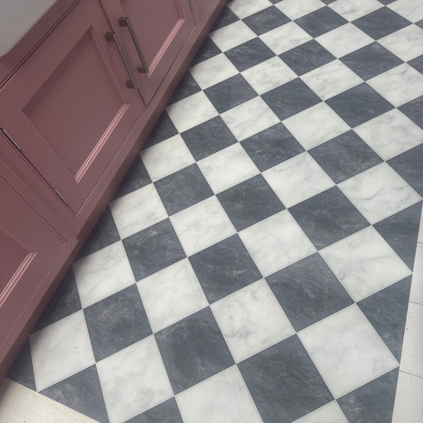Checkerboard Vinyl Runner Rug in Black and White Marble Tile Design for ...