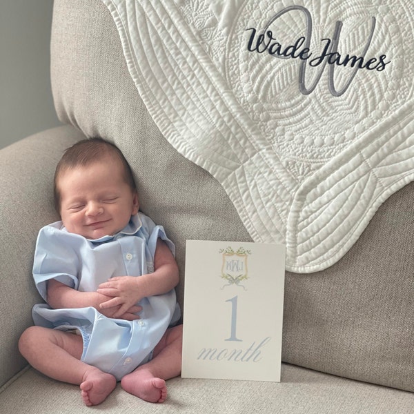 Watercolor Monogram Crest Baby Milestone Cards // Baby // Month Cards ...