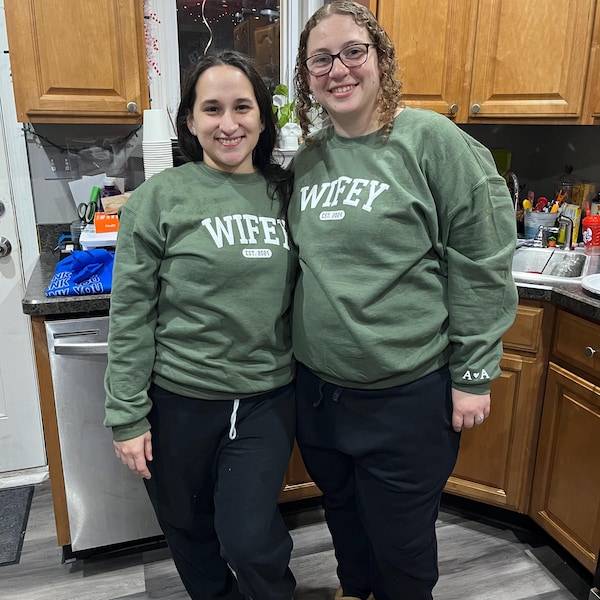 Wifey Est - Couple Personalized Custom Unisex Sweatshirt With Design On Sleeve Gift For Husband Wife Anniversary
