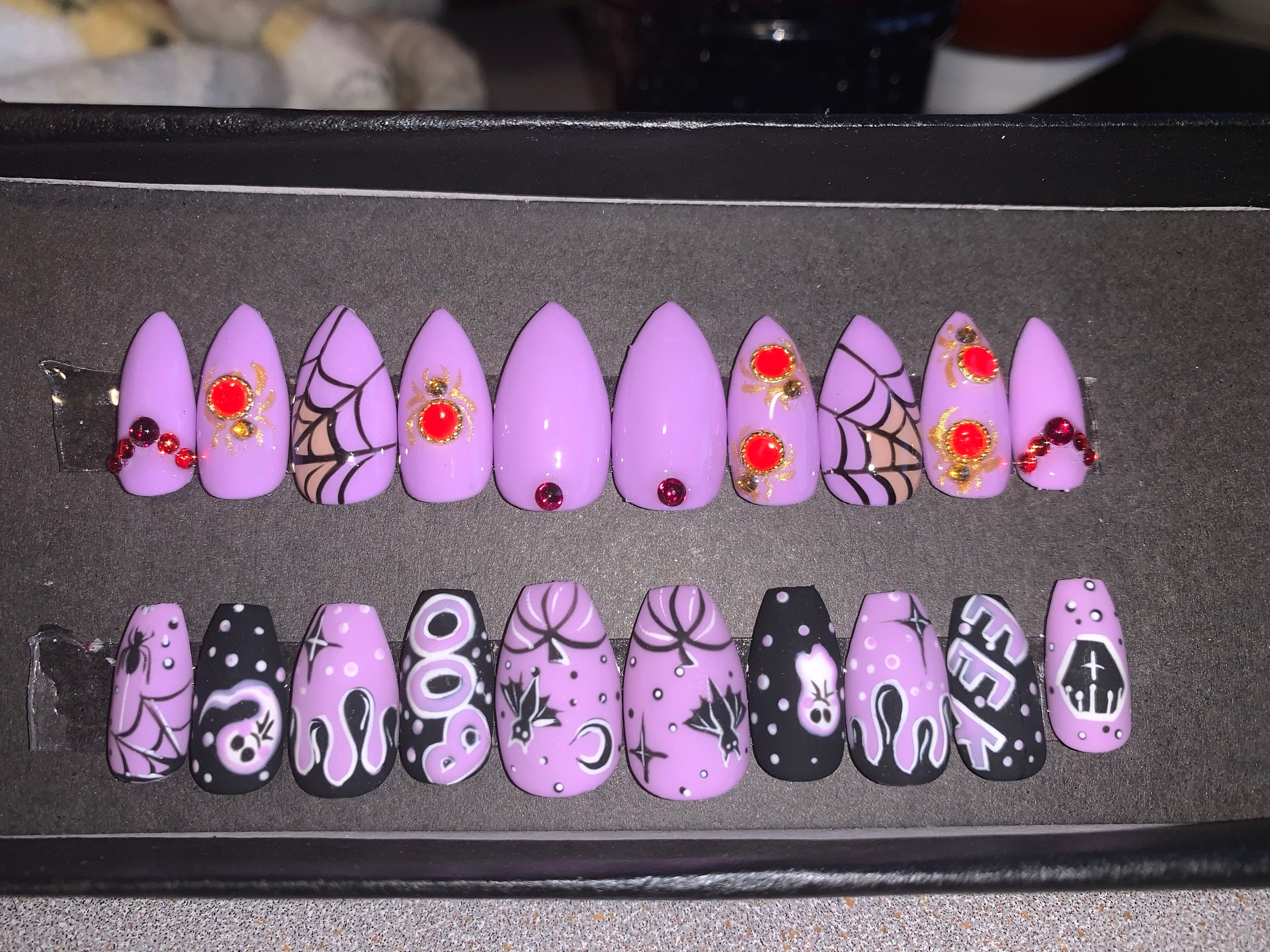 Midnight Magic Fake Nails | Black Pink Halloween Special Press On Nails Stiletto | Hand-made Glue On Nails | Luxury Fake Nails HA4
