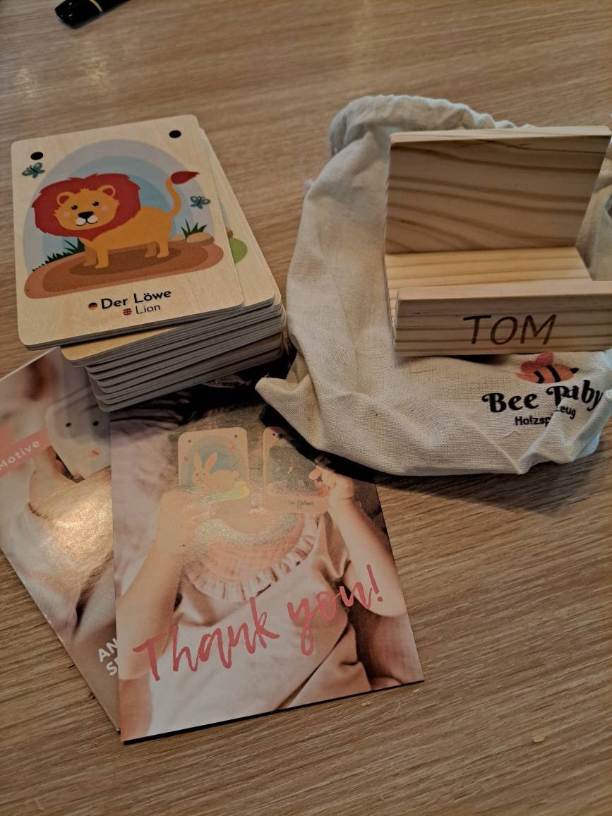 Personalized wooden animal learning cards for children - Learn German/English - Montessori toys, wooden toys, animal cards