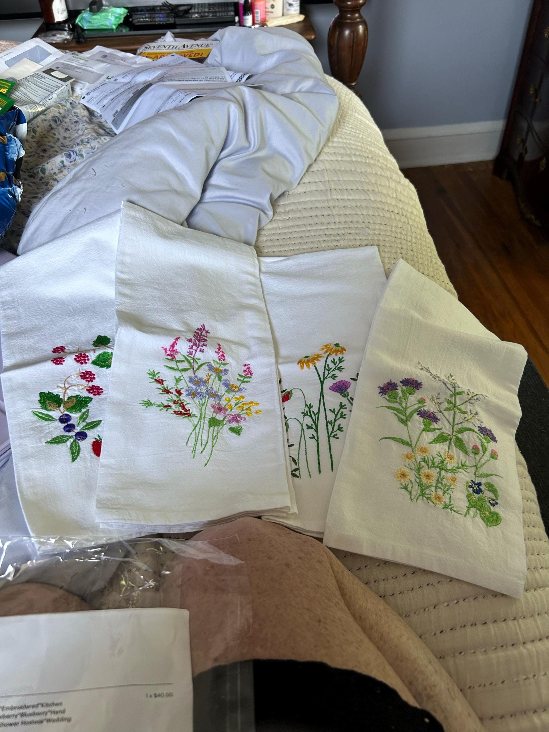 TEA TOWELS WILDFLOWERS*Embroidered*Kitchen Towel*Meadow Flowers*Strawberry*Blueberry*Hand Towel*Dish Cloth*Flour sack*Shower Hostess*Wedding
