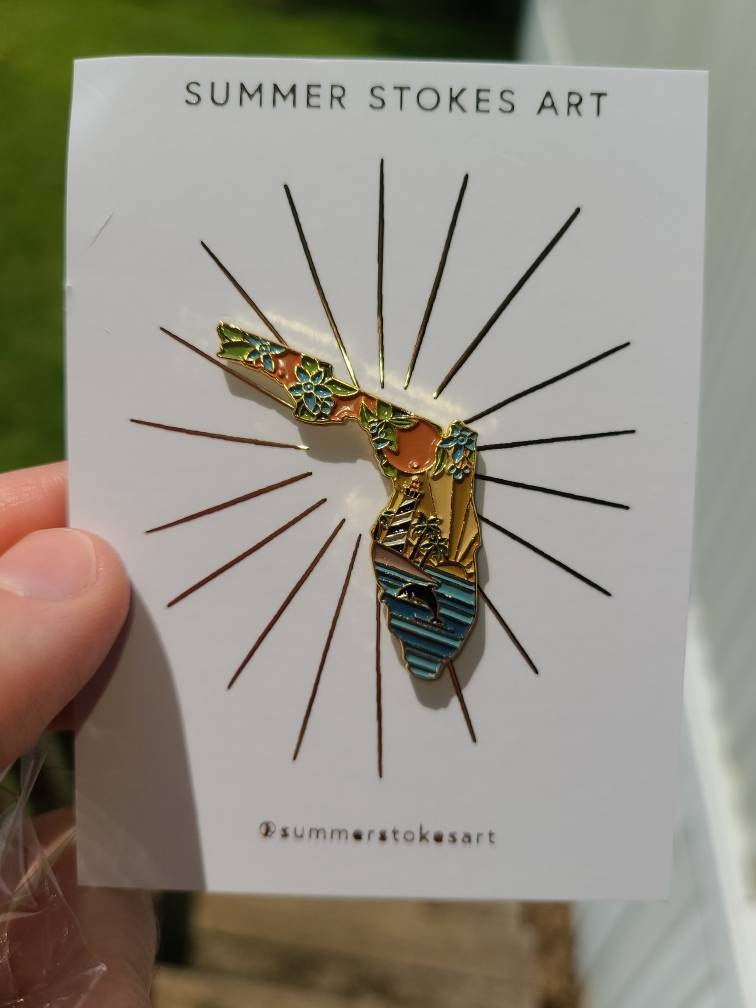 Florida Enamel Pin | Gold Soft Enamel Pin | Illustrated United State Pin | Butterfly Clasp | 1.25&quot;