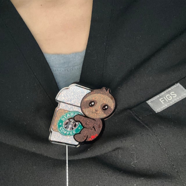 Sloth Holding Coffee Acrylic Badge Reel Topper, Acrylic Badge Reel, ID  Holder, Nurse Gift, Teacher Gift, Magnet, Gift for Her 