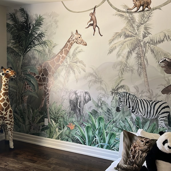 Watercolor Safari Animals Wallpaper: Peel and Stick Nursery Wall Mural ...
