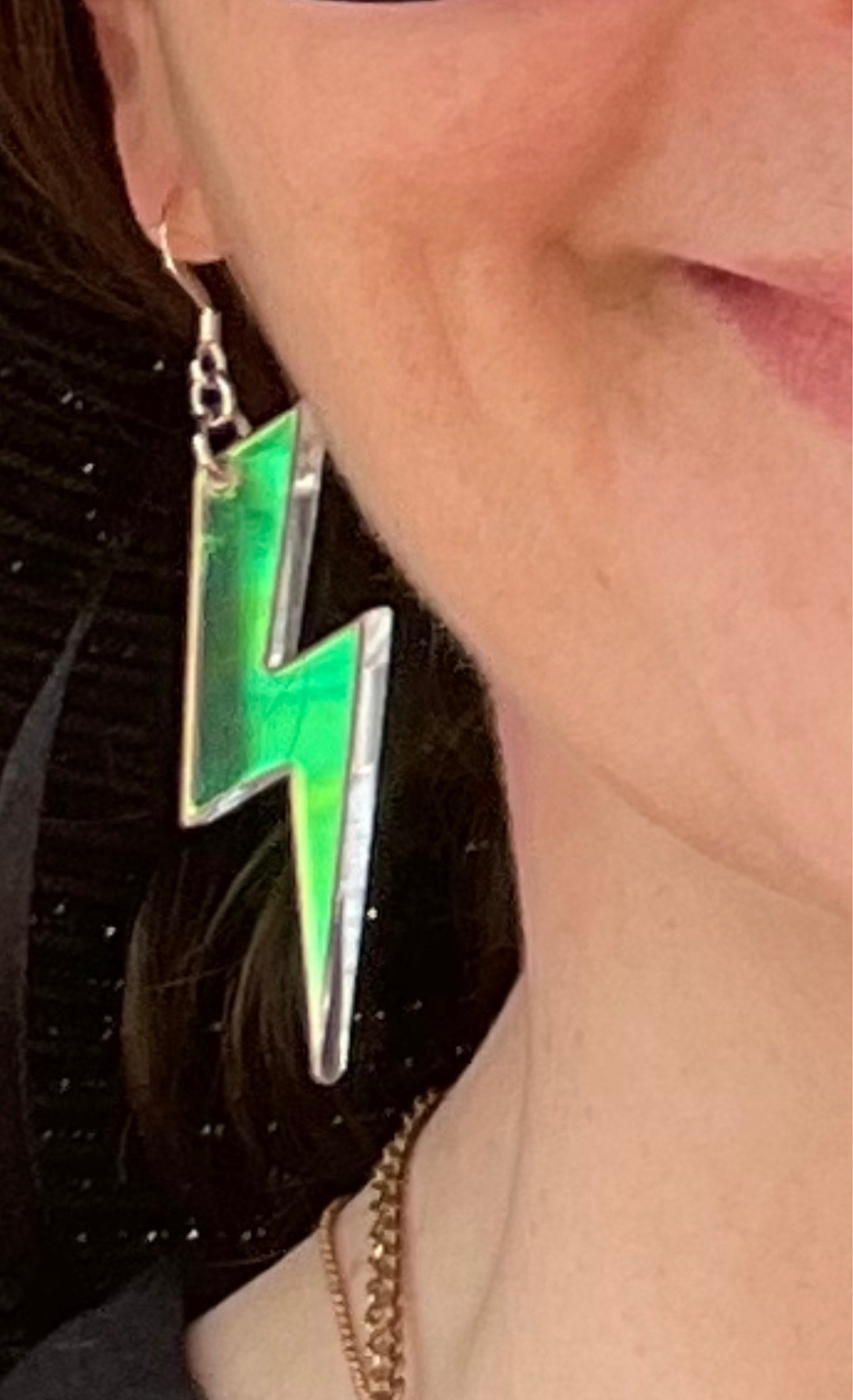 Iridescent Lightning Bolt Earrings, Rainbow Statement Earrings, Thunderbolt Earrings Pierced or Clip-on, Weather Earrings