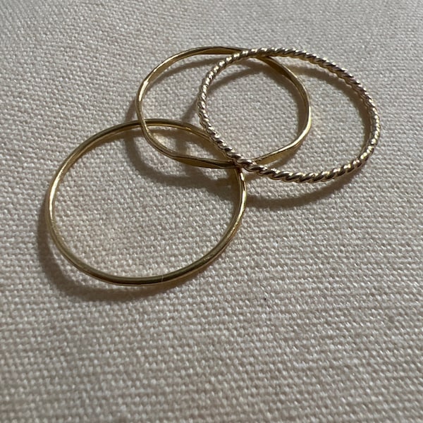 14k GOLD Fill Stacking Rings. Set of THREE Skinny Textured Boho Gold ...