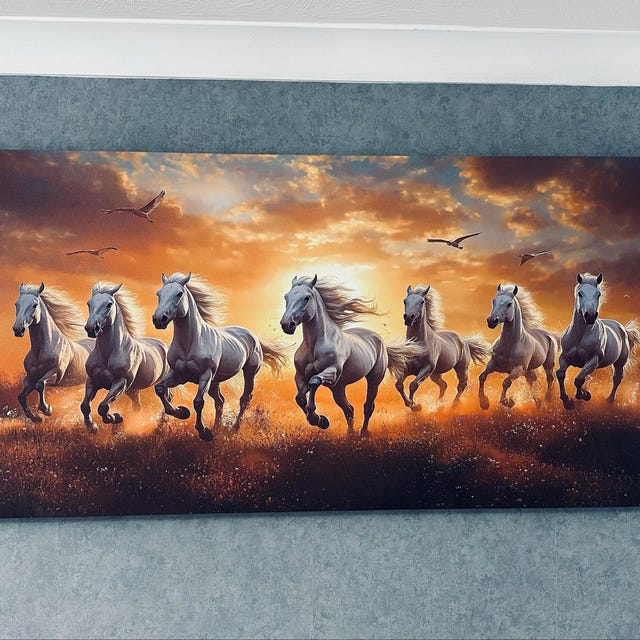 Seven Running Horse Picture, Lucky White Horse Canvas Painting, 7