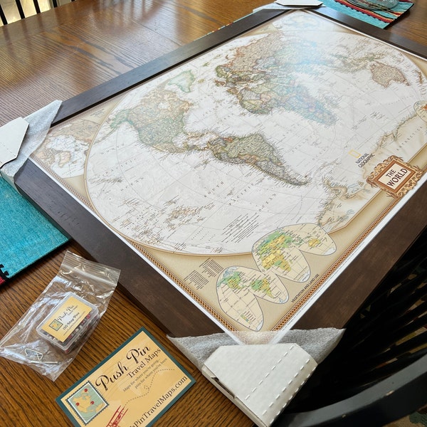 Personalized Executive World Travel Map With Pins and Frame Push Pin ...