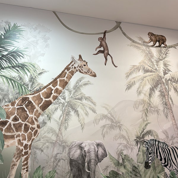 Watercolor Safari Animals Wallpaper: Peel and Stick Nursery Wall Mural ...