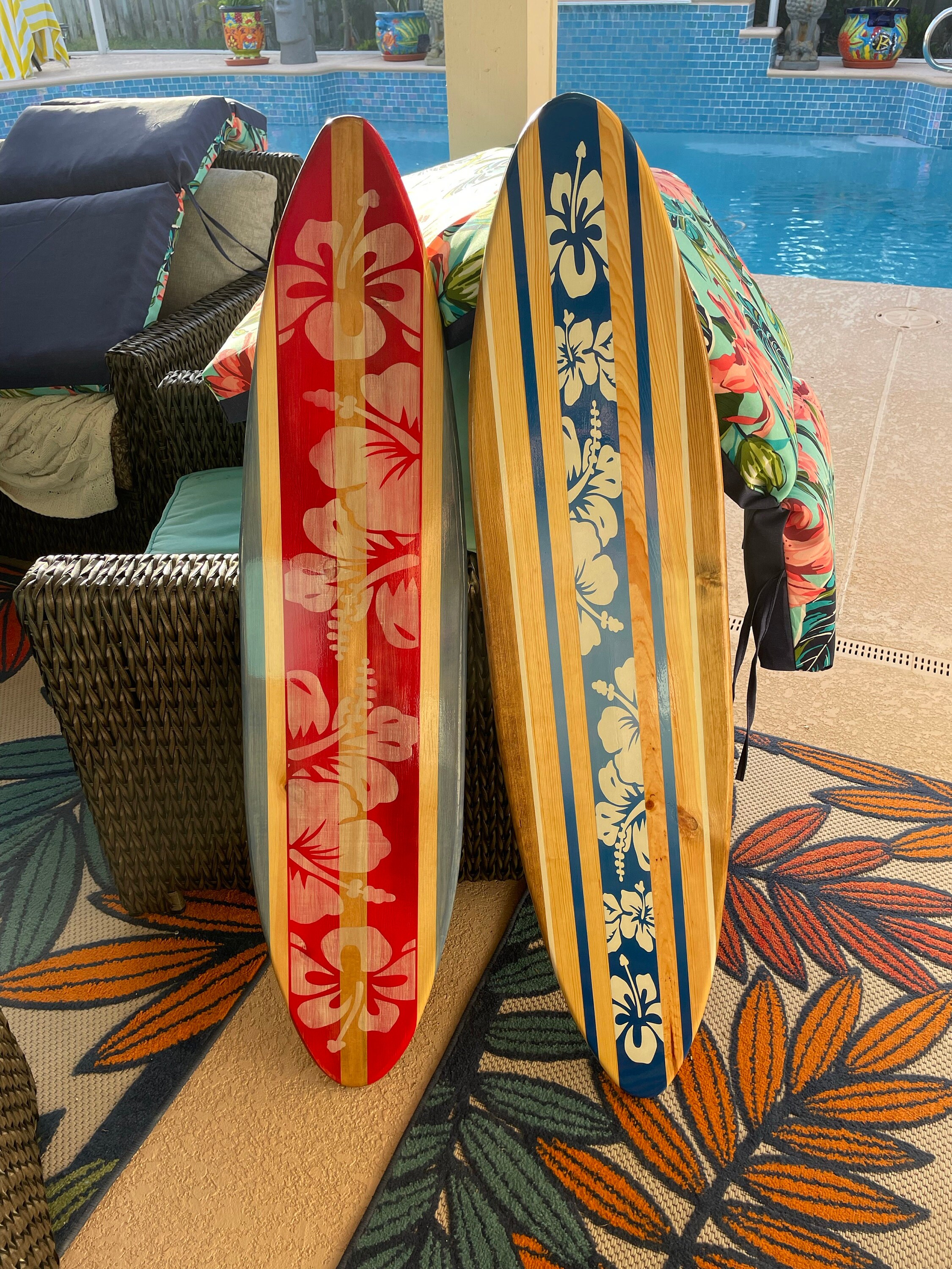 5 Flower Special- Red Wooden Surfboard Wall Art Home Decor- Beach Vibes  Handmade