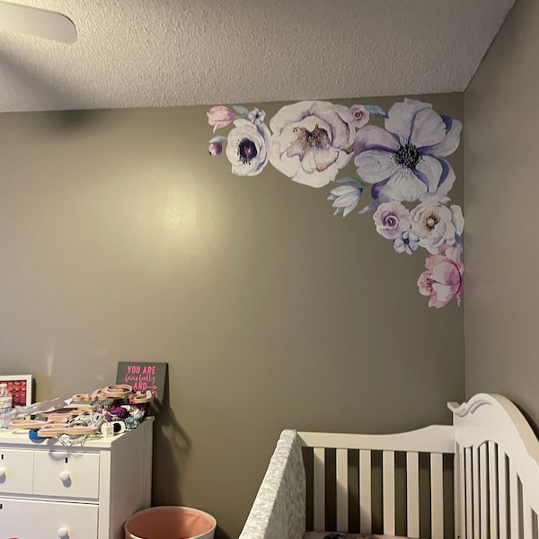Purple Floral Wall Decals, Peony Flower Wall Decals Nursery, Watercolor ...