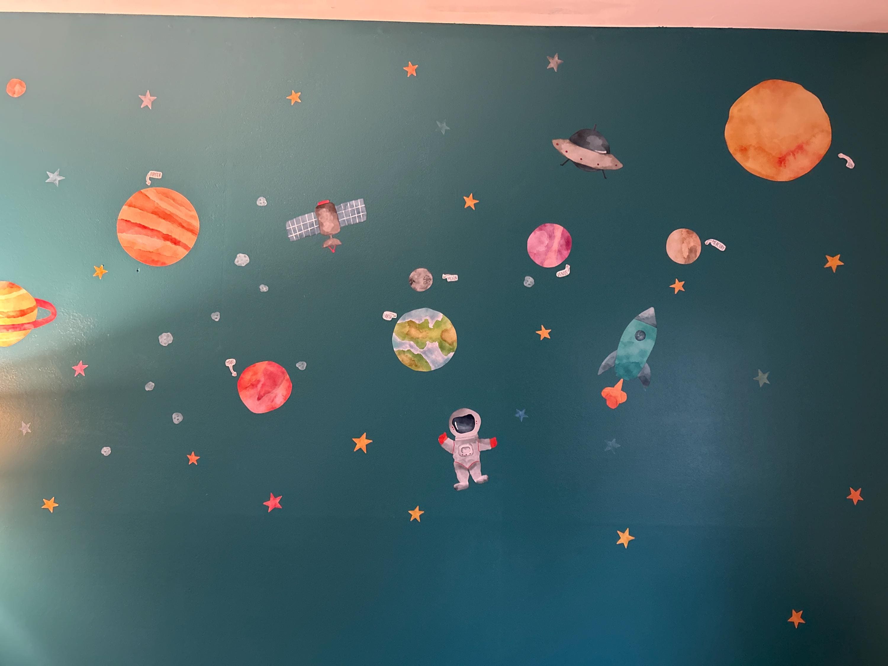 Space Wall Decals, Watercolor Solar System, Nursery Decals, Planet Wall Decals, Stars, Planets, Astronaut, Kids Wall Decals, Peel and Stick